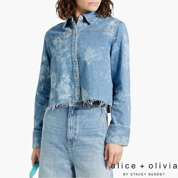 Alice + Olivia **NWT** Finley Raw Hem Button Down Denim Shirt in Lotus Floral - Picture 2 of 12